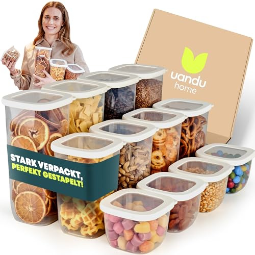 UANDU Boite de Rangement Cuisine Lot 12, Bocaux Hermetiques Alimentaires en Plastique Scellée avec Couvercle, plastique, sans BPA, boîtes céréales, pâtes, farine, sucre., Blanc