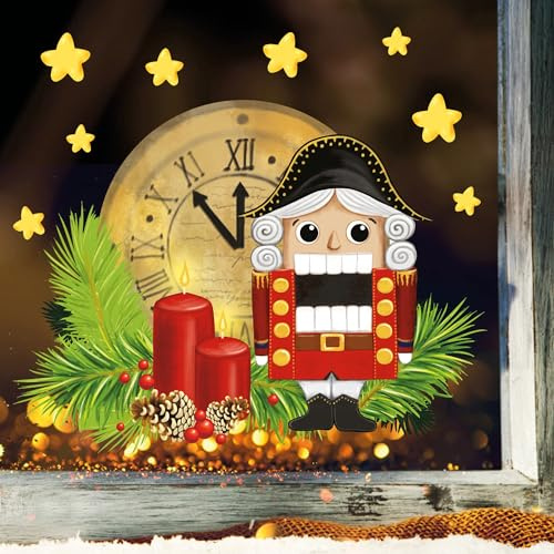 Wandtattoo Loft Fensterbilder Weihnachten mit Nussknacker, Uhr und Sternen – Wiederverwendbar – A4 Bogen, 20 Sticker – Weihnachstdeko Fenster Kinderzimmer, Weihnachtsbilder Fenster, Fensterbild Winter