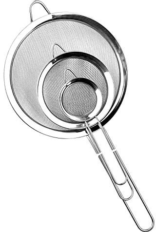 Relota Juego de 3 Colador de Cocina Acero Inoxidable 19/25/35 cm, Colador de Malla Fina con Manija, Tamiz de Harina para Alimentos y Vegetales, Separador de Salsa, Coladores de Pasta (Plateado)