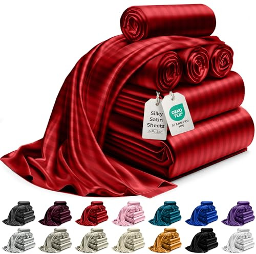 DECOLURE Satin-Bettwäsche-Set, 6-teilig, luxuriös, seidig, voller Größe, weicher als Seide, knitterfrei, mit 38,1 cm tiefem Spannbetttuch, perfekt für Haar und Haut, Geschenke für Frauen (rot
