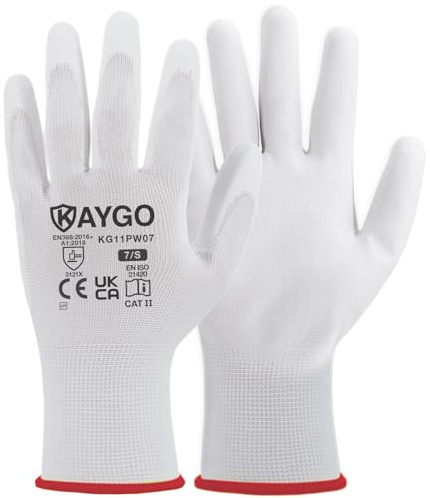 KAYGO 12 paia di guanti da lavoro per uomo e donna, guanti protettivi rivestiti in PU, impugnatura antiscivolo su palmi e dita, adatti per lavori generici (Bianco, taglia 7)