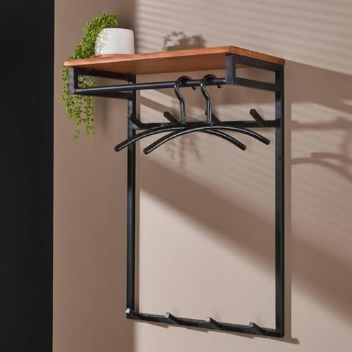 RINGO-Living Wandgarderobe mit 8 Haken Ablage Kleiderstange, Kleider Garderobe Flur aus Holz & Metall, rustikale Wandregal Garderobe, Garderobe Massivholz, Flur, Hängeregal Industrial Akazienholz