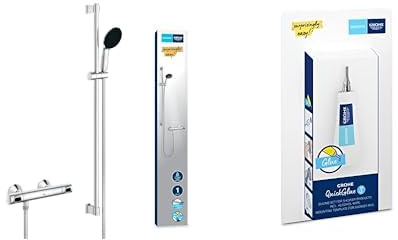 Grohe Precision Flow - Thermostat Brauseset wassersparend ~8l/min + Kleber (1 Strahlart, Sicherheitssperre bei 38°C, 90cm Brausestange, inkl. Montagewerkzeug), rund, chrom