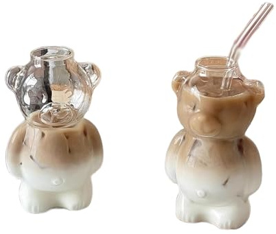 Kaffeetasse in Cartoon-Bär-Form, niedliche Bären-Tasse, Glastasse mit Strohhalm, niedliche Kawaii-Bär-Glasflaschentasse, 3D-Brillen-Tasse, Geburtstag, Weihnachten, Valentinstag, Geschenke