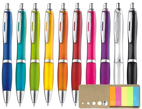 Libetui 10 Kugelschreiber Set Bunt – blauschreibende Kulis | Druckkugelschreiber mit blauer Mine, Großraummine, ergonomischer Griffzone, Haftnotizen, für Büro, Schule & Alltag