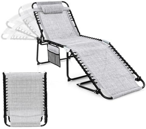 KOMFOTTEU Bain de Soleil Pliante, Chaise Longue avec Appuie-tête Amovibles & Trou, Chaise inclinable de Plage, Dossier réglable en 4 Positions, Transat de Piscine, 63 x 194 x 37 cm (Lot de 1, Gris)