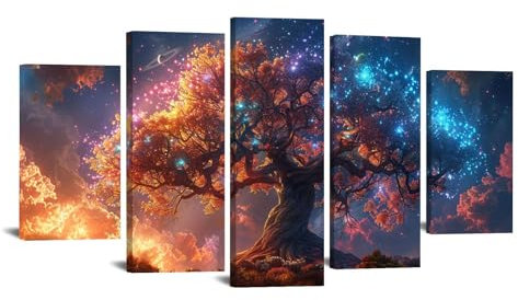 JOSUE 5 pezzi Albero Della Vita Albero colorato Quadri Moderni Stampa Su Tela,Blu, oro Quadri Home Decor Ristorante Cucina Regalo Di Anniversario-60x125cm Incorniciato