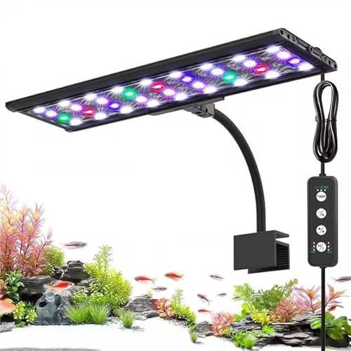 AQQA LED Aquarium Light, 24/7 Mode Clip on Fish Tank Light, Full Spectrum Aquarium Plant Light with Memory Function, Adjustable Timer/Brightness, IP68 Waterproof for 30-40cm Tank, 11W