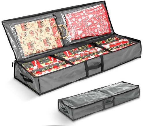 Aufbewahrungstasche für Geschenkpapier, 106x35x15cm Geschenkpapier Aufbewahrung Reißfest 600D Oxford Tuch Geschenkpapiers Organizer mit 3 Fächern für Bänder Schleifen Weihnachtspapier(Grau)
