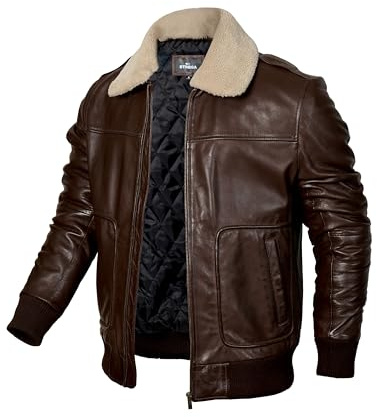 Chaqueta de cuero para hombre, chaqueta bomber de piel de cordero auténtica para hombre, color marrón con cuello sherpa extraíble, chaqueta de cuero de primera calidad para hombre, Marrón, Medium