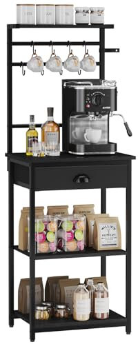 YMYNY Küchenregal, Bäckerregal, Kaffee Organizer, Kaffeebar, 5 Regalebenen, 8 Haken, Stoffschubladen, Stahlrahmen, 43 x 33 x 134.5 cm, für Küche, Wohnzimmer, Schwarz HBR009B