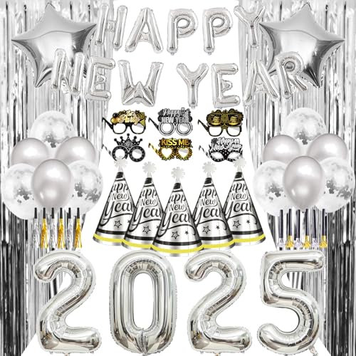 Silvester Deko 2025 Silber Happy New Year Folienballons Silvester Banner 2025 Ballon XXL Neujahr Partyhüte Silvester Papierbrille Neujahr Partytröten Neujahr Party Deko für Silvester Dekoration