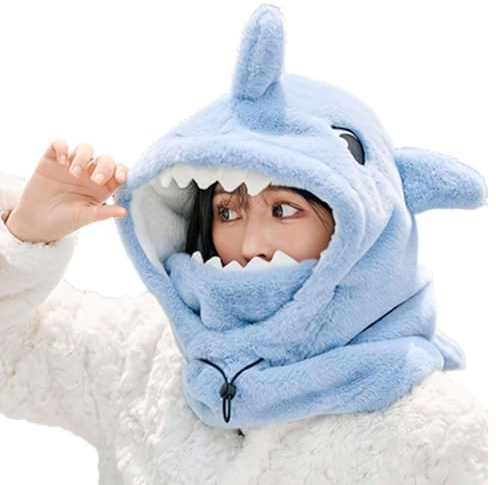 Skihelmüberzug, süße Skimaske mit Hai-Kapuze, warme, Winddichte Gesichtsmaske mit Kapuze für den Winter für Damen und Herren (Blue)
