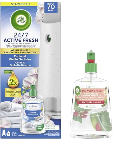 Air Wick Active Fresh Wasserbasiertes Automatisches Duftspray Starter Set inklusive Nachfüller 1x228ml Cotton & Weiße Orchidee & 1x 228ml Juicy Berry & Lime