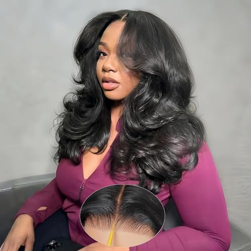 Tunfine Layered Curtain Bangs Face-Framing 6x6 Glueless Wigs Human Hair Pre Plucked Pre Cut HD Lace 200 Density Echthaar Perücke Damen Loose Body Wave Real Glueless Human Hair Wig 24 Zoll(60cm)