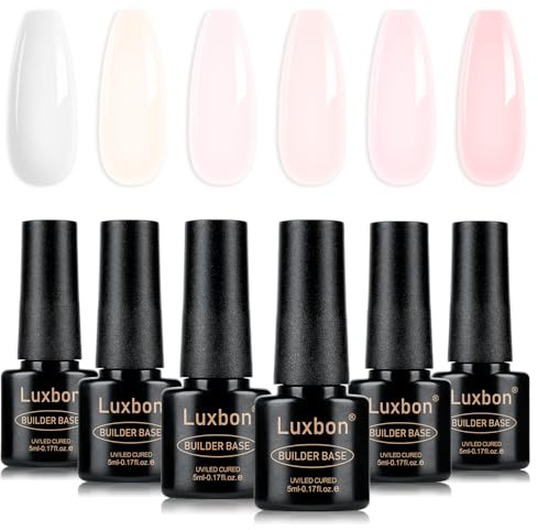 Luxbon 7-in-1 Builder Base Colour Gel Smalto Semipermanente per Unghie, 6 Colori Ricostruzione Unghie Nude Gel Polish Pink Peach per Unghie UV LED Soak-Off Nail Art Design Kit 010