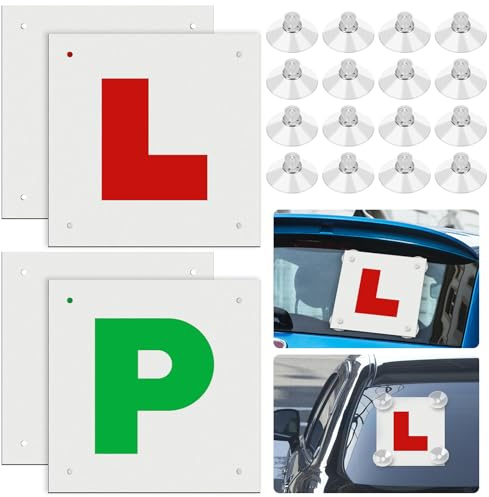4 Pieces Fully Magnetic Car L & P Plates - Reflective Plates for New Drivers & Learners - with 16 Suction Cups, Easy to Install and Remove without Damage Cars