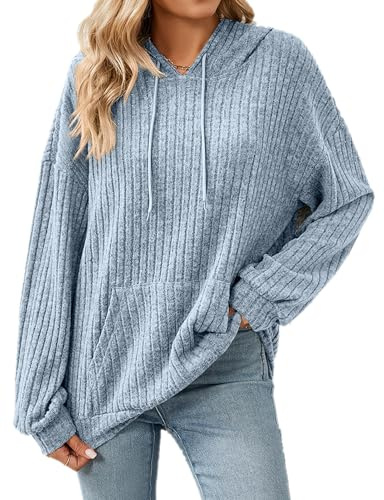 Gemulate Plus Size Long Sleeve Hoodie & Sweatshirt Casual Women's Loose Lightweight Oversized Jumpers Striped Sweater Pullover Light Blue XX-Large