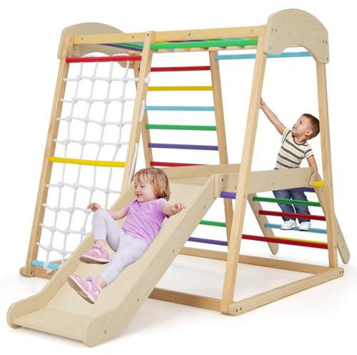 GYMAX 6 in 1 Kids Climbing Set, Wooden Toddler Climber with ASlide, Climbing Ladder/Net and Monkey Bars, Indoor Playground Children Climbing Frame for 1 Year Olds + Boys Girls