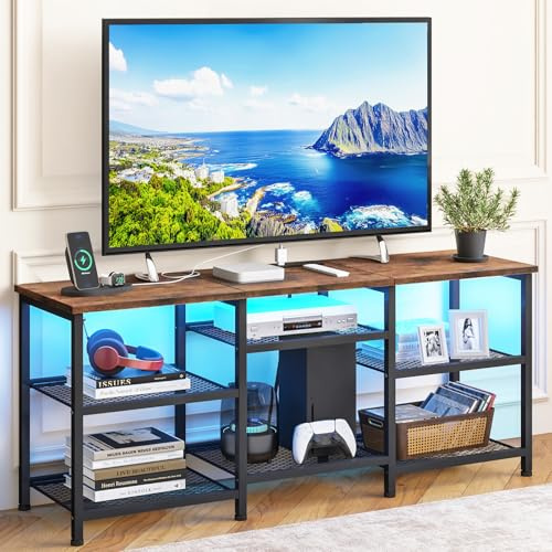 YGEOMER TV Stand for Living Room TVs Up to 55 Inches, Entertainment Center with Power Outlet and LED Lights Open Storage Shelves, TV Console for Bedroom, Rustic Brown