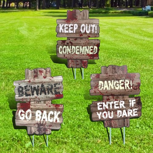 Halloween Warnschilder Deko, 3PCS Warn Schild Draußen Dekoration, Horror Halloween Dekoration Outdoor, Gruselige Steckschilder Halloweendeko für Vorgarten, Rasen, Partydekoration