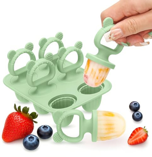 CLDY Mini moldes de silicona sin BPA para niños pequeños, 6 moldes de 17 ml con palos reutilizables, aptos para congelador y lavavajillas (-40 °C a 230 °C), aptos para alimentos para bebés (Verde)