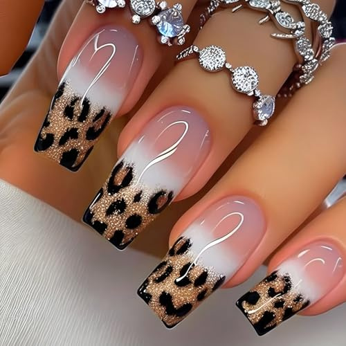 24 Stück Press on Nails Eckig, Glänzende Nägel zum Aufkleben, Rosa Weiß Farbverlauf Fake Nails, Leopard Französisch Fingernägel zum Aufkleben, Natürliche Künstliche Nägel für Frauen Nagelkunst DIY
