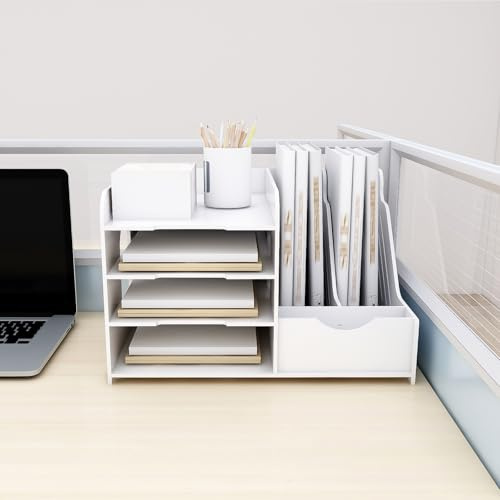 A4 Organisateur de Bureau Bois Plastique, Plateau de Papier Blanc, Banette de Rangement Bureau, Range Document Bureau pour Maison École, 40 x 31 x 25 cm - Blanc (1PC)