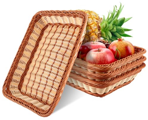 AKOLAFE 4 Pièces Corbeille a Pain en Osier 35x25x7CM Panier Pain Empilables Panier a Pain de Service Bicolore Panier Osier Rectangulaire Corbeille Osier pour Pain, fruit, Légume, Ustensile de Cuisine