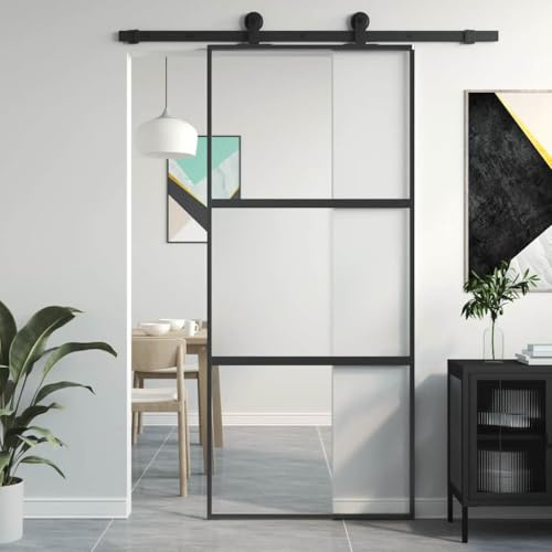 ACAGALA Glasschiebetür 90x205 cm, ESG Sicherheitsglas Alu Rahmen - Raumtrenner Schiebetüren Innen minimalistisch, Schwarz & transparent & matt, 2 Horizontale Stäbe(kein Zubehör)
