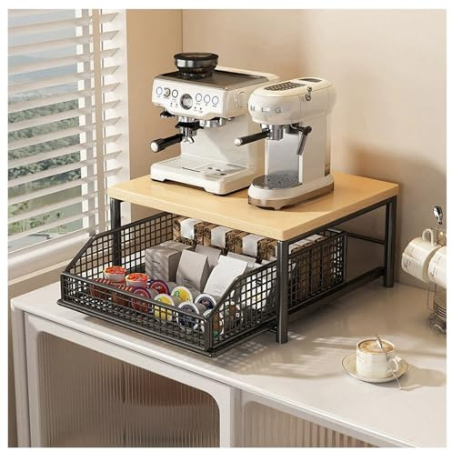 Sideboard-Aufbewahrungsregal für Kaffeemaschinen, Aufbewahrungsregal für die Arbeitsplatte,Doppel-Mikrowellen-Tischregal mit Schiebeschublade,Snack-Präsentationsregal für Küche und Büro (Black)