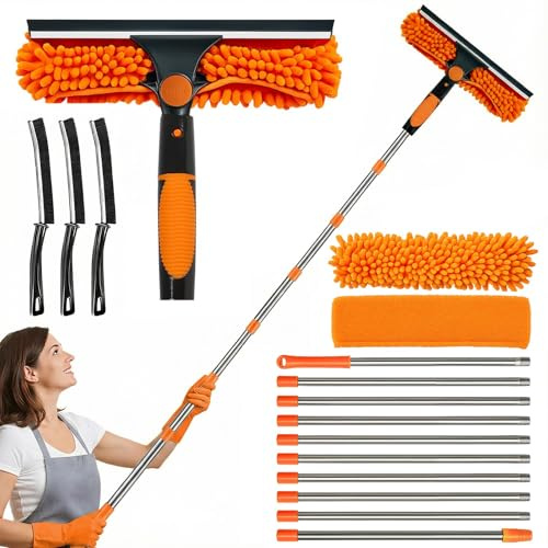 4.5M Window Cleaning Kit, Extra Long 2-in-1 Extendable Window Cleaning Equipment with Microfiber Cloth Squeegee Strips for High Windows, Walls & Cars (orange)