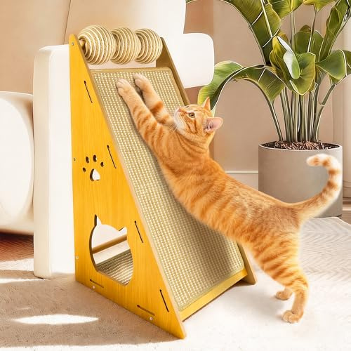 Kratzbretter Katze – Vielseitiges Katzen Kratzbrett aus massivem Buchenholz mit Sisalstamm, Kratzpappe für Katzen, ideal als Kratzbrett Wand oder Kratzmöbel Katze