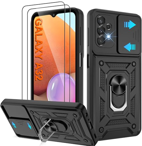 Pilaru for Samsung A32 5G Phone Case with Screen Protector | Camera Protective Cover | Ring Stand,Shockproof Bumper Phone Cover,A32 5g-Black