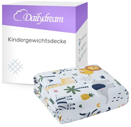 Dailydream Gewichtsdecke Kinder 135x200cm, 3,2 kg, Baumwolle, Motiv Safari | Gewichtsdecke für Kinder mit atmungsaktiver Baumwoll-Außenschicht, Glasperlenfüllung und doppelt vernähten Kammern.