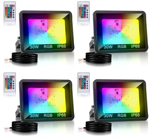 Cecaylie RGB LED Strahler Außen 4er 30W mit Fernbedienung, RGB Fluter LED Dimmbar Gartenstrahler, 16 Farben 4 Modi IP66 Wasserdicht, Memoryfunktion für Party Außen