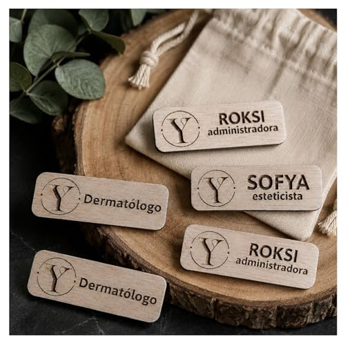 Placa Identificativa 5 Unidades Personalizada de Madera con Nombre y Logotipo|Insignia Profesional Grabada con Láser para Empresas,Hoteles,Oficinas,Clínicas Olesea
