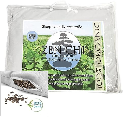 ZEN CHI Buckwheat Pillow - Organic King Size (20X36) w Natural Cooling Technology- All Cotton Cover - Keep Cool Comfortable Sleep, Pillow Adjusts to The Contours of Head and Neck