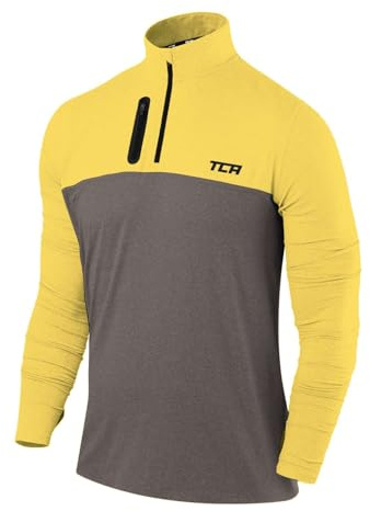 TCA Herr Fusion Långärmad halv-zip löpartröja med Pro QuickDry-teknologi - Mörkgrå/Gul, L
