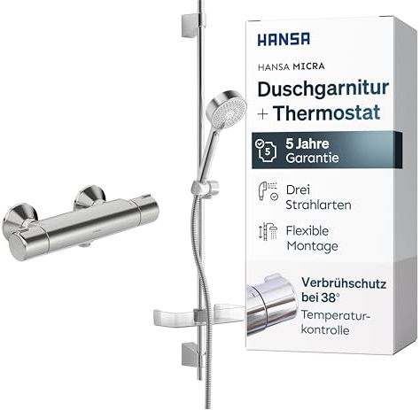 HANSA MICRA Duschset mit Armatur | Komplettset mit Thermostat + Duschgarnitur aus Duschkopf mit Schlauch, Duschstange, Seifenschale | Handbrause mit 3 Strahlarten | Chrom