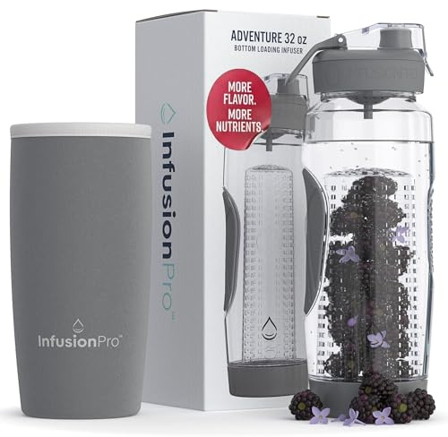 Infusion Pro 32 oz Fruit Infuser Water Bottle with Insulated Sleeve & 50 Recipe Fruit Infusion Water eBook : Bottom Loading, Large Water Infuser for More Flavor : Unique Gift Idea for Women