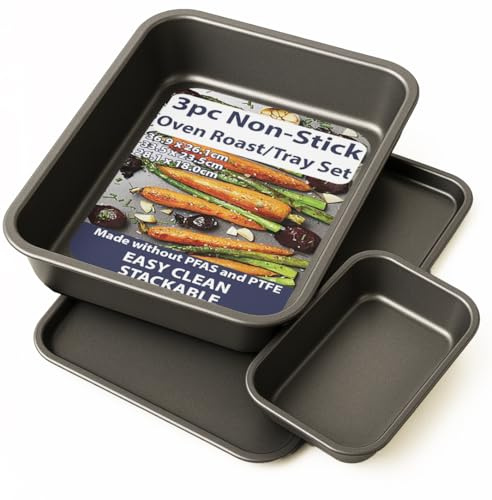 Premium Set of 3 Roasters and Tray Set - Non-Stick Deep Roasting Tray Set - Heavy Duty PTFE Free, Perfect for Roasts, Baking, Tray Bakes,