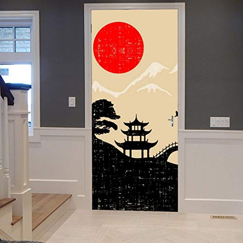 A.Monamour Türtapete Selbstklebend Türfolie Türposter 3D Japanische Landschaft Rote Sonne Berg Silhouette Vinyl Folie Türdeko Tapete Wandbild Türaufkleber Türtattoo 90 x 200 cm