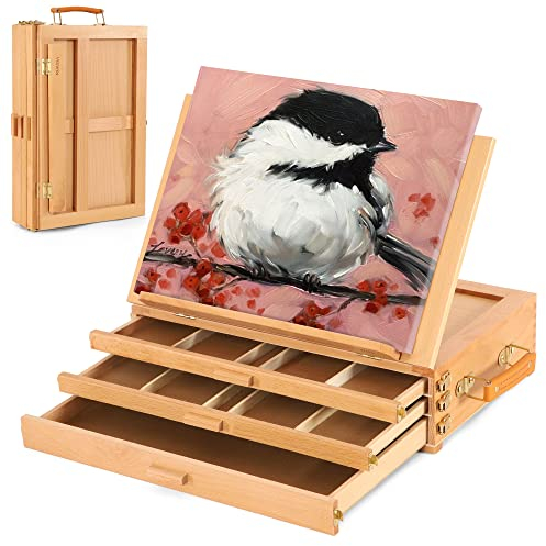VISWIN Verstellbare Tischstaffelei mit 3 Schubladen, hochwertiger Tischstaffelei aus Buchenholz, tragbare Kofferstaffelei für Erwachsene, Künstler, Studenten