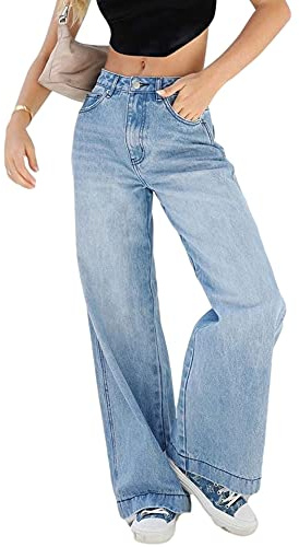 SANSIWU Womens Y2K Baggy High Waist Straight Wide Leg Ripped Jeans ButterflySolid Color Wide Leg Casual Streetwear Denim Pants (C-Dark Blue, X-Large)