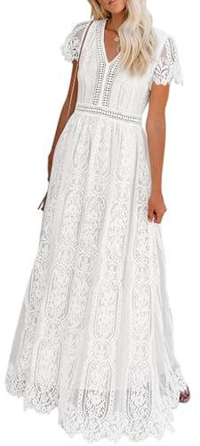MEROKEETY Women's 2026 V Neck Short Sleeve Floral Lace Wedding Dress A Line Boho Bridesmaid Cocktail Party Maxi Dress, White, Medium