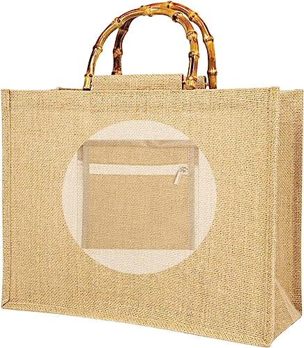 Tibroni Jutetasche Jutebeutel Einkaufstasche Strandtasche Damen Mit Bambus Griffe, Jutetasche Shopper Personalisiert, Jute Tasche Groß für Shopping Picknick Reisen Strand Geschenke (39x31x15cm)
