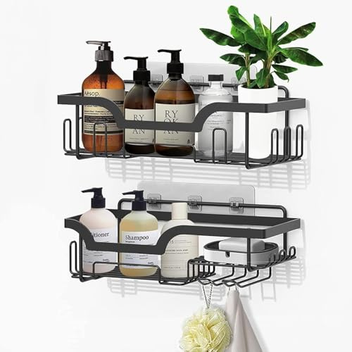 Honsdom Etagère de Rangement de Douche Lot de 2, Etagere Salle de Bain Sans Percage, Support Savon Douche Porte Shampoing (Noir)