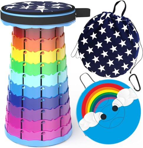 ALEVMOOM Sgabello Pieghevole Portatile con Cuscino,Sgabello da Campeggio per Adulti,Sgabello da Campeggio Telescopico Sgabello Pieghevole per Pesca BBQ Interni Attività (Le Nuvole Arcobaleno)