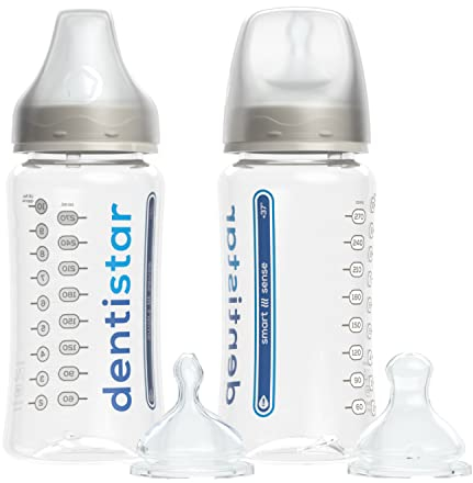 Dentistar - Biberon con Ciuccio - Smart Sense Set 2 Biberon, Con Controllo Temperatura, Capacità 270ml, Con Tettarella per Bambini da 0-6 Mesi, Senza BPA, Con Tettarella Anticolica in 100% Silicone